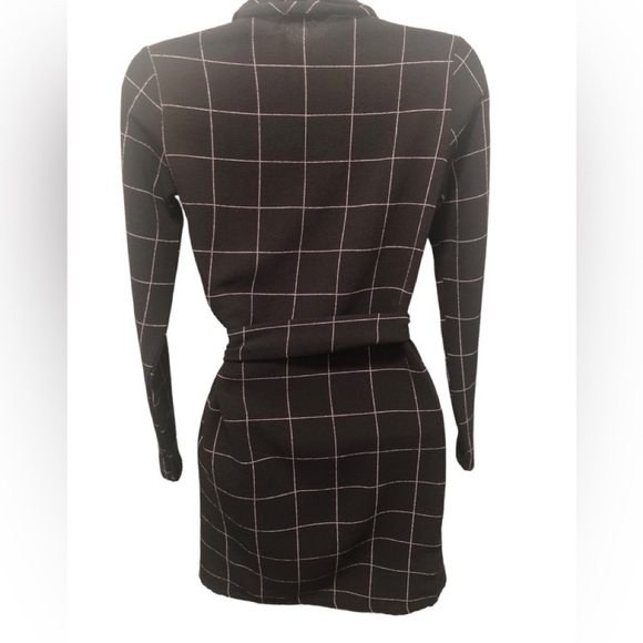 PrettyLittleThing Blazer Dress Sz. 2 Black Window Pane Check LS Tied Waist - Picture 3 of 8